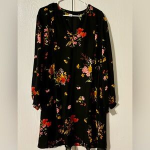 Old Navy Black Floral Bishop Sleeve V-Neck Midi Sundress